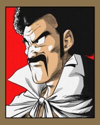  1boy afro black_eyes black_hair border brown_border cape chest_hair commentary_request dragon_ball dragon_ball_z facial_hair hatching_(texture) highres lee_(dragon_garou) male_focus mr._satan mustache portrait profile red_background solo stubble white_cape 