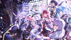 6+girls absurdres ahoge akane_lize animal_ear_fluff animal_ears aokumo_rin arahashi_tabi ayatsuno_yuni back_bow black_bow black_hair black_pantyhose blonde_hair blue_eyes blue_hair blue_skirt bow bowtie braid breasts cat_ears cat_girl center_frills cone_hair_bun double_bun fox_tail frilled_skirt frills glowstick green_eyes green_hair grey_eyes grey_hair hair_bow hair_bun hair_ornament hair_rings hairclip hanako_nana heart heart_hands heterochromia high-waist_skirt highres horse_tail hyin idol_clothes large_breasts long_hair multicolored_hair multiple_girls neneko_mashiro one_eye_closed pantyhose pink_hair puffy_short_sleeves puffy_sleeves purple_bow purple_bowtie purple_hair red_bow red_bowtie red_eyes red_hair screen_zoom shirayuki_hina shirt shoes short_hair short_sleeves side_ponytail skirt stage stage_lights stellive streaked_hair tail tenko_shibuki twintails unicorn_girl unicorn_horn very_long_hair violet_eyes virtual_youtuber white_hair white_shirt white_shoes white_wrist_cuffs wrist_cuffs x_hair_ornament yellow_bow yellow_bowtie yellow_eyes yuzuha_riko 