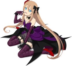  1girl artist_request black_bow black_choker black_dress black_gloves black_ribbon blue_eyes bow brown_hair choker collarbone dress earrings elbow_gloves fang finger_to_mouth flower flower-shaped_hair full_body game_cg gloves hair_bow hair_ribbon halloween halloween_costume hand_on_floor highres jewelry long_hair looking_at_viewer marta_lualdi marta_lualdi_(halloween) multicolored_dress official_alternate_costume official_art on_floor open_mouth purple_dress purple_thighhighs red_flower red_rose red_shoes ribbon rose shoes sitting sleeveless sleeveless_dress smile solo tales_of_(series) tales_of_asteria tales_of_symphonia tales_of_symphonia_knight_of_ratatosk thigh-highs third-party_source transparent_background twintails vampire vampire_costume wariza 