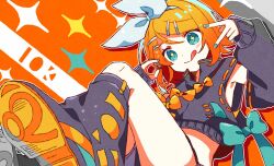  +_+ 1girl arusechika black_shirt black_shoes black_sleeves black_socks blonde_hair blush bow bow_hairband bowtie closed_mouth commentary_request crop_top cropped_shirt detached_sleeves dot_nose drop_shadow foot_out_of_frame green_eyes green_nails hair_ornament hairband hairclip hands_up highres kagamine_rin kneehighs long_sleeves nail_polish orange_background orange_bow orange_bowtie outline parallel_hairclips shirt shoe_soles shoes short_hair sitting sleeveless sleeveless_shirt sleeves_past_wrists smile socks solo sparkle v vocaloid white_hairband white_outline 