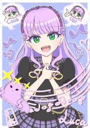  1girl :d animalization araha beamed_eighth_notes black_dress blunt_bangs braid buttons commentary_request dolce_(love_live!) double-breasted double_finger_gun dress eighth_note english_text finger_gun green_eyes hairband highres looking_at_viewer love_live! love_live!_superstar!! luca_(love_live!) maltese musical_note musical_staff ok_sign ok_sign_over_eye open_mouth person_and_animalization puffy_short_sleeves puffy_sleeves purple_dog purple_hair purple_hairband short_sleeves side_braids smile solo song_name spoken_character star_(symbol) star_in_eye symbol_in_eye wavy_hair wien_margarete 