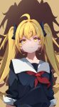  1girl ascot black_bow black_serafuku blonde_hair bow collarbone from_below frown furrowed_brow hair_bow highres lilili_(78509469) long_hair looking_at_viewer original portrait red_ascot school_uniform serafuku shadow simple_background solo twintails yellow_background yellow_eyes 
