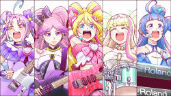  5girls :d ahoge aokaze_nana arm_up armband band_(music) bass_guitar beamed_eighth_notes black_bow black_dress black_gloves blonde_hair blue_dress blue_eyes blue_hair blue_ribbon bow choker closed_eyes closed_mouth commentary cropped_shirt cure_idol cure_kiss cure_kyunkyun cure_wink cure_zukyuun detached_sleeves double_bun dress drill_hair drum drum_set earrings eighth_note electric_guitar fingerless_gloves frilled_armband frilled_shirt frills gloves gradient_hair green_hair guitar hair_bow hair_bun hair_ornament hair_ribbon half_gloves halterneck heart heart_hair_bun heart_hair_ornament heart_hair_strand highres holding holding_instrument idol_heart_brooch_(precure) idol_heart_incom instrument jewelry kimi_to_idol_precure long_hair magical_girl meroron_(precure) midriff multicolored_hair multiple_girls music musical_note musical_note_hair_ornament navel open_mouth piano pink_hair pink_shirt pink_skirt playing_instrument precure puffy_detached_sleeves puffy_sleeves purirun_(precure) purple_choker purple_dress purple_gloves purple_hair ribbon sakura_uta_(precure) satou_yasu shigure_kokoro shirt single_hair_bun skirt smile streaked_hair twintails two-tone_hair violet_eyes white_dress white_ribbon yellow_eyes 