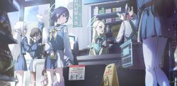  1boy 5girls angel's_24_uniform_(blue_archive) apron blonde_hair blue_apron blue_archive blue_eyes blue_skirt brown_hair commentary convenience_store halo highres izuna_(blue_archive) izuna_(dress)_(blue_archive) long_hair low_twintails michiru_(blue_archive) michiru_(dress)_(blue_archive) miyako_(blue_archive) miyu_(blue_archive) moe_(blue_archive) multiple_girls neckerchief pantyhose paper pleated_skirt purple_hair rabbit_platoon_(blue_archive) saki_(blue_archive) sensei_(blue_archive) shop shopping_basket skirt sora_(blue_archive) strap_slip tsukuyo_(blue_archive) tsukuyo_(dress)_(blue_archive) twintails two_side_up white_hair white_pantyhose white_wings wings yellow_neckerchief yo_na 
