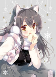  1girl adapted_costume anchor_necklace animal_ears black_shirt cat_ears commentary_request cowboy_shot earmuffs eating fake_animal_ears food grey_skirt hairband haruna_(kancolle) haruna_(mitsukoshi)_(kancolle) highres jacket jewelry kantai_collection looking_at_viewer necklace open_mouth pleated_skirt scarf shigunyan shirt skirt snowflakes solo steamed_bun striped_clothes striped_scarf white_hairband white_jacket 