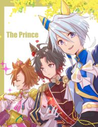  3girls ahoge animal_ears armor belt blue_eyes blue_hair blue_jacket blue_shirt bow breasts brooch brown_hair cape closed_mouth commentary_request crown ear_covers ear_flower ear_ornament epaulettes feathers flower flower_brooch four-pointed_star gloves gogono_pan'ya gold_corset gradient_hair hair_between_eyes highres horse_ears horse_girl horse_tail jacket jewelry k.s.miracle_(prism)_(umamusume) k.s.miracle_(umamusume) long_sleeves looking_at_viewer mini_crown multicolored_hair multiple_girls multiple_rings open_mouth orange_hair orange_tail pants petals pink_cape pink_crown print_sash red_hair red_sash ring rose_kingdom_(umamusume) sash shirt short_hair shoulder_armor single_epaulette skirt smile sparkle t.m._opera_o_(o_sole_suo!)_(umamusume) t.m._opera_o_(umamusume) tail teeth two-tone_hair two-tone_skirt umamusume upper_teeth_only vertical-striped_sleeves white_feathers white_gloves white_shirt yellow_belt 