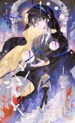  2boys absurdres bird black_cloak black_hair black_jacket black_necktie black_pants black_suit blue_ribbon candle candlelight chinese_commentary cloak collared_shirt commentary_request dove dual_persona fire full_body giant highres hood hooded_cloak jacket klein_moretti looking_at_object lord_of_the_mysteries male_focus multiple_boys necktie object_floating_above_hand on_stairs orb pants pillar ribbon shirt shoes short_hair sleeves_rolled_up stairs standing stone_pillar stone_stairs suit tears walking white_bird white_shirt xiyou_de_huakucha yellow_eyes zhou_mingrui 