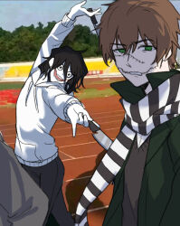  3boys :d \o/ achaidashuaige ahoge animification arms_up backlighting between_fingers black_eyes black_hair black_pants black_scarf black_sweater blue_sky brick_road brothers chinese_commentary clenched_teeth coat colored_skin commentary_request cowboy_shot creepypasta double-parted_bangs drawstring eyeless_jack glasgow_smile green_coat green_eyes grey_hoodie hair_between_eyes highres holding holding_knife homicidal_liu hood hood_down hoodie jeff_the_killer kitchen_knife knife knives_between_fingers long_hair_between_eyes long_sleeves multiple_boys no_pupils open_clothes open_coat open_mouth outdoors outstretched_arms pants photo_background pinky_out pocket puffy_long_sleeves puffy_sleeves scarf shirt short_hair siblings sky smile standing stitched_face stitched_mouth stitches striped_clothes striped_scarf sweater teeth thick_eyebrows tree two-tone_scarf upper_body vertical-striped_clothes vertical-striped_scarf very_short_hair white_hoodie white_scarf white_shirt white_skin wide-eyed 