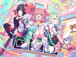  3girls angels_of_delusion aria_(zenless_zone_zero) arm_warmers black_hair black_thighhighs blue_eyes boots bow commentary_request dress fingerless_gloves four-finger_heart_hands gloves green_bow green_eyes green_hair hand_up hands_up heart heart_hands highres holding holding_megaphone leg_warmers looking_at_viewer megaphone multicolored_hair multiple_girls nangong_yu necktie open_mouth pink_gloves pink_hair pink_shoes pink_socks red_eyes red_necktie shirt shoes signalviolet smile socks streaked_hair striped_arm_warmers striped_leg_warmers sunna_(zenless_zone_zero) symbol-shaped_pupils thigh-highs white_boots white_dress white_shirt white_thighhighs zenless_zone_zero 