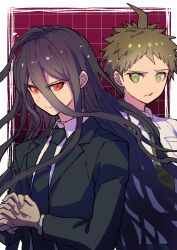  2boys absurdres ahoge black_hair black_necktie breast_pocket brown_hair collared_shirt commentary_request danganronpa_(series) danganronpa_2:_goodbye_despair green_eyes green_necktie highres hinata_hajime kamukura_izuru long_hair long_sleeves male_focus multiple_boys necktie pocket red_eyes shirt short_hair upper_body white_shirt youko-shima 