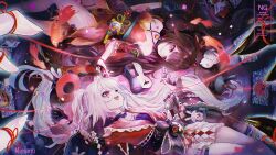  2girls absurdres aiming animal_ears argyle_clothes artist_name bare_shoulders black_bow black_bowtie black_choker black_gloves black_hat black_sash blunt_bangs bow bowtie braid breasts brown_hair butterfly-shaped_pupils choker chromatic_aberration clothing_cutout commentary_request confetti detached_sleeves dress dual_persona facial_mark fake_animal_ears feet_out_of_frame fingernails fish floral_print flower flower_ornament fox_mask gloves gun hair_flower hair_ornament hand_up handgun hat heart heart_facial_mark highres holding holding_gun holding_weapon honeycomb_(pattern) honkai:_star_rail honkai_(series) long_hair long_sleeves looking_at_another lying mask minamo_(edosei_edo) mole mole_under_each_eye mole_under_eye multiple_girls multiple_moles obijime on_back open_mouth pink_eyes rabbit_ears rabbit_mask red_dress red_flower red_shirt red_sleeves ribbon rope sailor_collar sash shadow shirt short_sleeves shoulder_cutout sidelocks single_braid skirt small_breasts smile sparkle sparkle_(honkai:_star_rail) sparxie_(honkai:_star_rail) string string_of_fate stuffed_animal stuffed_rabbit stuffed_toy symbol-shaped_pupils teeth television thigh_strap tongue twintails unworn_hat unworn_headwear unworn_mask watermark wavy_hair weapon white_hair white_skirt wide_sleeves yellow_ribbon 