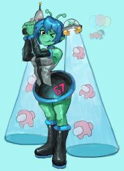  >_o 2girls 5others :q alien alien_miku_(zambiie) alternate_species among_us antennae arms_up balloon black_boots black_skirt black_sleeves blue_background blue_hair blue_trim boots breasts character_request check_character closed_mouth clothes_writing colored_skin commentary crewmate_(among_us) detached_sleeves double-parted_bangs drill_hair energy_gun floating flying_saucer green_skin grey_leggings grey_shirt hair_between_eyes hatsune_miku highres holding holding_energy_gun holding_weapon kasane_teto leggings little_green_men long_sleeves looking_at_viewer medium_breasts multiple_girls multiple_others one_eye_closed ray_gun red_hair saiykik shirt short_hair simple_background skirt smile solo_focus spacecraft tongue tongue_out tractor_beam twin_drills ufo utau v-shaped_eyebrows vocaloid weapon 