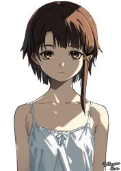  1girl bare_shoulders brown_eyes brown_hair clopen28 commentary_request dress expressionless flat_chest hair_ornament highres iwakura_lain looking_at_viewer serial_experiments_lain short_hair sidelighting solo straight-on upper_body white_dress x_hair_ornament 