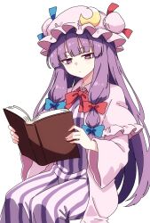  1girl absurdres bags_under_eyes blue_bow book bow bowtie capelet commentary crescent crescent_hat_ornament dress hair_bow hat hat_ornament highres holding holding_book long_hair long_sleeves mob_cap open_book patchouli_knowledge pink_capelet pink_dress pink_hat pioartstuff purple_dress purple_hair reading red_bow red_bowtie simple_background sitting solo striped_clothes striped_dress touhou vertical-striped_clothes vertical-striped_dress very_long_hair violet_eyes white_background wide_sleeves 