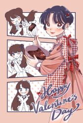  4girls ;) ^_^ apron blue_eyes blue_hair blush_stickers bowl brown_hair chocolate closed_eyes cocoa_681 commentary_request dress happy_valentine heart heart_hands highres holding holding_bowl holding_whisk kunou_kodachi kuonji_ukyou long_hair multiple_girls one_eye_closed pink_dress ranma_1/2 red_apron red_lips shampoo_(ranma_1/2) short_hair side_ponytail smile tendou_akane valentine whisk 