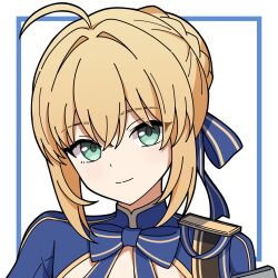  1girl ahoge artoria_pendragon_(fate) blonde_hair blue_border blue_jacket blue_ribbon bokutaaaa border closed_mouth commentary_request dot_nose fate/grand_order fate_(series) green_eyes hair_intakes hair_ribbon highres honkai:_star_rail honkai_(series) jacket looking_at_viewer portrait ribbon saber_(fate) saber_(honkai:_star_rail)_(fate) short_hair sidelocks simple_background smile solo white_background 