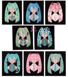  1girl bare_shoulders commentary english_commentary floral_print hair_between_eyes hatsune_miku necktie papercraft papercutting sakura_miku simple_background smile solo traditional_media twintails unmoving_pattern variations vocaloid yutaan 