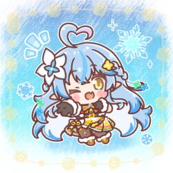  1girl ;d ahoge bell belt belt_buckle black_gloves blue_flower blue_hair blush_stickers braid brown_belt brown_pantyhose buckle chibi commentary_request fang flower full_body fur-trimmed_gloves fur_trim gloves gradient_hair hair_flower hair_ornament head_tilt heart heart_ahoge highres hololive looking_at_viewer mitarashi_neko multicolored_hair neck_bell notice_lines one_eye_closed outstretched_arm pantyhose pink_hair pleated_skirt skirt smile snowflakes solo streaked_hair virtual_youtuber white_flower white_skirt yellow_eyes yukihana_lamy 