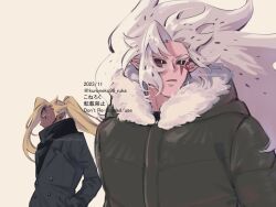  2023 2others alternate_costume ananas_dragon_cookie asymmetrical_bangs black_jacket black_scarf black_sclera black_shirt blonde_hair buttons colored_eyelashes colored_sclera colored_skin commentary_request cookie_run cookie_run:_ovenbreak dark_skin dated double-breasted facial_mark fang fur-trimmed_jacket fur_trim green_jacket hair_behind_ear hands_in_pockets high_ponytail highres hood hood_down hooded_jacket jacket kuroneko96_ruka long_hair long_sleeves looking_ahead multiple_others parted_lips pink_skin pitaya_dragon_cookie pointy_ears ponytail profile protected_link puffy_long_sleeves puffy_sleeves scarf shirt sidelocks simple_background tsurime turning_head twitter_username v-shaped_eyebrows very_long_hair watermark white_eyelashes white_eyes white_hair wind yellow_background yellow_eyes 