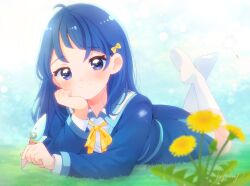  1girl alternate_hairstyle blue_eyes blue_hair blue_jacket blue_sailor_collar blue_skirt blurry blurry_foreground bow bowtie closed_mouth commentary cut_bangs dandelion dandelion_seed day depth_of_field elbow_rest flower grass hair_down hand_on_own_face head_rest hirogaru_sky!_precure holding holding_pen jacket kamata_kimie kyanos_(b_0000ff) legs_up long_hair long_sleeves looking_at_viewer miniskirt mirage_pen on_ground outdoors pen precure sailor_collar school_uniform shirt skirt smile socks solo sora_harewataru sorashido_academy_school_uniform white_shirt white_socks yellow_bow yellow_bowtie 