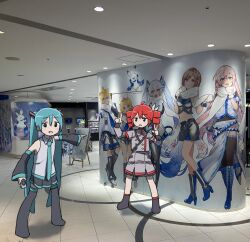  2girls absurdres aqua_hair aqua_necktie auhuheben17 bare_shoulders black_boots black_eyes black_skirt black_sleeves boots bow buttons camera commentary detached_sleeves double-breasted double_w drill_hair full_body grey_jacket grey_shirt grey_skirt hair_bow hair_ornament hatsune_miku highres holding holding_camera indoors jacket kagamine_len kagamine_rin kasane_teto kasane_teto_(sv) light_blush light_smile long_hair megurine_luka meiko_(vocaloid) miniskirt multiple_girls mural necktie open_mouth outstretched_arm photo_background pleated_skirt pointing pointing_at_another rabbit_yukine red_hair red_trim shirt skirt sleeveless sleeveless_shirt standing synthesizer_v thigh_boots twin_drills twintails utau very_long_hair vocaloid w white_bow wide_shot yuki_len yuki_luka yuki_meiko yuki_miku yuki_miku_(2011) yuki_rin 