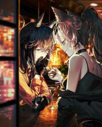  2girls alternate_costume animal_ear_fluff animal_ears arknights bar_(place) bare_shoulders black_camisole black_choker black_gloves black_hair black_jacket black_nails black_necktie camisole choker cigarette collared_shirt counter gloves grey_eyes grey_hair hair_ornament hairclip highres holding holding_cigarette holding_lighter jacket jacket_partially_removed lappland_(arknights) lighter long_hair multiple_girls necktie orange_shirt ponytail scar scar_across_eye scar_on_face shirt smoking team.achv texas_(arknights) vest waistcoat wolf_ears wolf_girl yellow_eyes zippo_lighter 