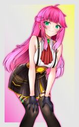 1girl absurdres aivy_lovencraft english_commentary fanart gloves green_eyes hector_ruiz highres indie_virtual_youtuber long_hair pink_hair simple_background skirt smile solo thigh-highs virtual_youtuber vtuber vtuberfanart