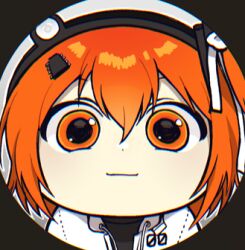  1girl a.i._voice adachi_rei black_sweater commentary_request fisheye headset jacket korean_commentary looking_at_viewer lowres monitoring_(vocaloid) orange_eyes red_hair short_hair solo sweater ttnsfw0401 utau white_jacket 