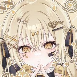  1girl :< @_@ aegyo_sal azusawa_kohane bandaid bandaid_on_cheek bandaid_on_face black_bow black_collar blonde_hair blush bow brown_bow close-up closed_mouth collar commentary_request crossed_bangs demon_horns demon_tail drawn_horns drawn_tail ear_piercing expressionless eyes_visible_through_hair facial_mark frilled_collar frills frown hair_between_eyes hair_ornament hands_up heart heart_facial_mark heart_hair_ornament highres hood hood_down hoodie horns index_fingers_together korean_commentary looking_at_viewer nail_polish outline pale_skin piercing pink_horns plaid_clothes plaid_hoodie portrait project_sekai raised_eyebrows simple_background solo spoken_heart straight-on tail touyu_1210 twintails two-tone_bow white_outline x_hair_ornament yellow_background yellow_bow yellow_eyes yellow_hoodie yellow_horns yellow_tail yellow_theme 