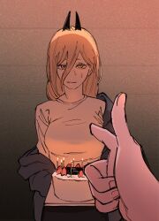  2girls aiming birthday_cake black_horns blonde_hair blue_hoodie breasts cake candle chainsaw_man commentary cross-shaped_pupils english_commentary female_pov finger_gun food hair_between_eyes highres holding holding_cake holding_food hood hoodie horns makima_(chainsaw_man) medium_breasts multiple_girls off_shoulder pov pov_hands power_(chainsaw_man) sawgak scene_reference sweat symbol-shaped_pupils yellow_eyes 