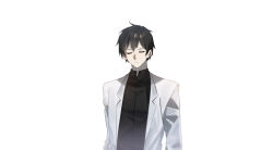  1boy absurdres ayin_(project_moon) black_hair black_shirt closed_eyes coat collared_shirt commentary_request hair_between_eyes highres lapels lobotomy_corporation long_coat male_focus notched_lapels project_moon shirt short_hair solo white_background white_coat zhang2011han 
