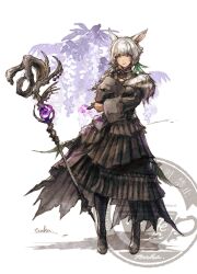  1girl animal_ears apatite_teaka archon_mark black_boots black_dress blind boots cat_ears cat_girl clenched_hand commentary dark-skinned_female dark_skin dress facial_mark feather_hair_ornament feathers final_fantasy final_fantasy_xiv fur-trimmed_dress fur_trim grey_eyes hair_ornament hand_on_own_chin highres mage_staff miqo'te neck_tattoo signature smile staff tattoo untranslatable_commentary watermark whisker_markings white_hair y'shtola_rhul 