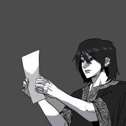  1boy bob_cut greyscale holding holding_paper male_focus meme monochrome paper parted_lips partially_shaded_face robe sh1fted_1 shadow_slave short_hair solo squinting sunny_(shadow_slave) upper_body 