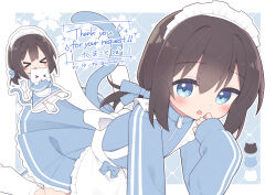  >_< 1girl apron artist_name black_hair blue_eyes blue_jacket blue_shoes blush chibi chibi_inset commentary_request frilled_apron frills jacket jersey_maid long_sleeves looking_at_viewer loose_socks maid maid_headdress multiple_views open_mouth original puffy_long_sleeves puffy_sleeves shoes signature sleeves_past_wrists socks tail track_jacket twintails unconventional_maid white_apron white_socks yuune_(ayanepuna) 