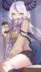  1girl absurdres ahoge alternate_costume bag bandaid bandaid_on_knee bandaid_on_leg black_horns black_skirt blue_bag braid braided_bangs brown_cardigan cardigan coffee covered_mouth cropped_legs cup demon_horns disposable_coffee_cup disposable_cup double-parted_bangs enpera grey_hair hair_between_eyes highres holding holding_cup hololive horns la+_darknesss long_hair long_sleeves looking_at_viewer multicolored_hair neckerchief plaid_clothes plaid_scarf pleated_skirt pointy_ears purple_sailor_collar purple_scarf purple_streaks ripu_(sherypton) sailor_collar scarf scarf_over_mouth school_bag school_uniform single_sleeve_past_wrist sitting skirt solo streaked_hair striped_horns v-shaped_eyebrows very_long_hair virtual_youtuber yellow_neckerchief 