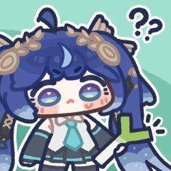  1girl :< ? ?? ahoge bare_shoulders black_skirt black_sleeves black_thighhighs blue_eyes blue_hair blue_necktie blush_stickers chibi chibi_only closed_mouth collared_shirt commentary_request cosplay cowboy_shot detached_sleeves food green_background hatsune_miku hatsune_miku_(cosplay) holding holding_food holding_spring_onion holding_vegetable iuno_(wuthering_waves) korean_commentary long_hair long_sleeves monyami necktie notice_lines outline pleated_skirt shirt skirt sleeveless sleeveless_shirt solo spring_onion thigh-highs twintails vegetable vocaloid white_outline white_shirt wuthering_waves zettai_ryouiki 