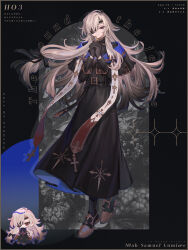  0v0_mu 1boy :d absurdres belt belt_buckle black_background black_belt black_capelet black_gloves black_ribbon black_robe black_shoes black_socks blonde_hair blue_capelet blunt_ends border brown_border brown_shoes buckle call_of_cthulhu capelet cassock character_name chibi chibi_inset closed_mouth commentary_request copyright_name cross cross_print cuff_links curtained_hair eyepatch full_body gloves grey_background hair_over_one_eye hair_ribbon hands_up highres holding holding_cross jeanne_no_ryouken long_hair long_sleeves looking_at_viewer male_focus mole mole_under_eye multicolored_shoes off-shoulder_capelet one_eye_covered priest red_eyes ribbon robe scarf shoes sleeve_cuffs smile socks solo standing stole tress_ribbon two-sided_robe two-tone_shoes very_long_hair white_scarf zoom_layer 