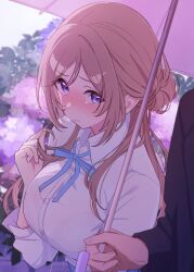  1boy 1girl blue_eyes blue_ribbon blurry blurry_background blush breasts brown_hair closed_mouth collared_shirt commentary_request flower gakuen_idolmaster hair_bun highres himesaki_rinami holding holding_umbrella hydrangea idolmaster kirizuki_reika large_breasts long_hair long_sleeves neck_ribbon nose_blush out_of_frame outdoors producer_(idolmaster) rain ribbon school_uniform shirt single_hair_bun umbrella white_shirt 