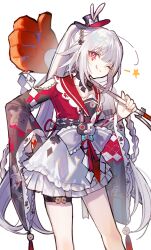  1girl absurdres black_gloves braid commentary diamond_(shape) diamond_facial_mark facial_mark gloves hat heart heart_facial_mark highres holding holding_weapon honkai:_star_rail honkai_(series) long_hair looking_at_viewer mini_hat mini_top_hat multicolored_hair one_eye_closed smile solo sp0i0ppp sparkle_(honkai:_star_rail) sparxie_(honkai:_star_rail) star_(symbol) streaked_hair tongue tongue_out top_hat twintails weapon white_hair 