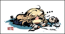  ... 1girl =_= blonde_hair blue_dress bottle chibi commentary_request dress finger_drag grey_shirt long_hair long_sleeves lying on_stomach sake_bottle seal_impression shirt solo tokiame touhou watatsuki_no_toyohime 