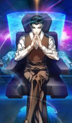  1boy blue_eyes blue_hair blue_theme brown_pants brown_vest chair commentary_request covered_mouth crossed_legs fate/grand_order fate_(series) feet_out_of_frame game_cg long_sleeves male_focus official_art on_chair pants sherlock_holmes_(fate) sherlock_holmes_(first_ascension)_(fate) shirt short_hair sitting solo steepled_fingers third-party_source vest white_shirt yamanaka_kotetsu 