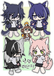  2boys 2girls absurdres acheron_(honkai:_star_rail) animal_ears animal_hands ashveil_(honkai:_star_rail) black_hair boothill_(honkai:_star_rail) bright_pupils cat_ears cat_paws cat_tail chibi green_eyes grey_eyes hair_over_one_eye hashtag-only_commentary highres honkai:_star_rail honkai_(series) kemonomimi_mode korean_text leaf_insu long_hair monkey multicolored_hair multiple_boys multiple_girls pink_hair purple_hair rappa_(honkai:_star_rail) shirt shorts streaked_hair tail violet_eyes white_hair 