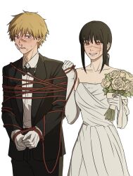  1boy 1girl bandaid bandaid_on_cheek bandaid_on_face bandaid_on_nose black_bow black_bowtie black_hair blonde_hair bound bound_wrists bow bowtie breasts brown_eyes chainsaw_man commentary_request cross_scar denji_(chainsaw_man) dirty dirty_face dress elbow_gloves flower gloves grin holding holding_flower holding_rope korean_commentary low_ponytail medium_breasts orange_eyes ponytail ringed_eyes rope sawgak scar scar_on_cheek scar_on_face scar_on_nose sidelocks smile strapless strapless_dress tied_up_(nonsexual) tissue_in_nose tuxedo wedding_dress white_dress white_gloves yoru_(chainsaw_man) 