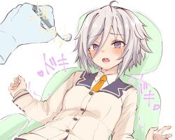  1girl 1other ahoge blazer blush breasts dental_chair dentist grey_hair hair_between_eyes heartbeat highres holding itomi_sayaka jacket long_hair_between_eyes long_sleeves necktie nervous open_mouth out_of_frame parallel_fleet raised_inner_eyebrows renpu_girls_school_uniform school_uniform shirt short_hair simple_background small_sweatdrop solo_focus sound_effects teeth toji_no_miko twitching upper_body violet_eyes white_background white_shirt yellow_necktie 