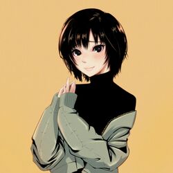  1girl amagami black_eyes black_hair black_sweater closed_mouth green_jacket highres jacket long_sleeves looking_at_viewer nanasaki_ai off_shoulder oshizu short_hair simple_background solo sweater turtleneck turtleneck_sweater upper_body yellow_background 