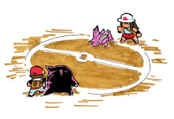  1boy 1girl deformed duel fighting_stance full_body gengar leaf_(pokemon) nidorino poke_ball_symbol pokemon pokemon_(creature) pokemon_battle pokemon_frlg pokemon_rgby red_(pokemon) scene_reference tinsil traditional_media 