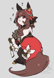  :< absurdres animal animal_ears animal_focus animalization braid braided_hair_rings brown_hair closed_mouth clothed_animal commentary_request corset dress ear_covers gentildonna_(regina_dei_fiori)_(umamusume) gentildonna_(umamusume) hair_between_eyes hair_rings heart-shaped_ornament heart_ear_ornament highres horse_ears horse_tail long_hair rearing recursive_animalization red_corset red_eyes simple_background solo tail takatsuki_nato umamusume 