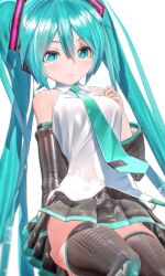  1girl 3d aqua_eyes aqua_hair aqua_nails aqua_necktie aqua_trim bare_shoulders bbbbit black_boots black_skirt black_sleeves boots breasts closed_mouth collared_shirt commentary detached_sleeves double-parted_bangs fingernails hair_between_eyes hair_ornament hand_on_own_chest hatsune_miku headphones long_hair mikumikudance_(medium) miniskirt nail_polish necktie shirt skirt sleeveless sleeveless_shirt small_breasts smile solo thigh_boots tie_clip twintails vocaloid white_background white_shirt 