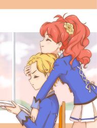  2girls aikatsu! aikatsu!_(series) blazer blonde_hair blue_jacket book classroom closed_eyes closed_mouth commentary_request cowboy_shot flower from_side hair_flower hair_ornament head_on_head head_rest highres jacket jyagaage kurebayashi_juri long_hair long_sleeves miniskirt multiple_girls pleated_skirt ponytail profile red_hair school_uniform shinjo_hinaki short_hair sitting skirt smile standing starlight_academy_school_uniform white_skirt window winter_uniform 