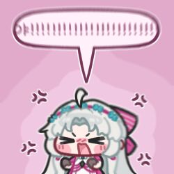  ! !! >_< 1girl ahoge anger_vein blush_stickers bow brown_gloves carlotta_(wuthering_waves) chibi chibi_only closed_eyes commentary_request dress gloves grey_hair hair_bow hairband hands_up korean_commentary korean_text long_hair monyami motion_blur open_mouth outline parted_bangs pink_background pink_bow pink_dress pink_hairband short_sleeves solo speech_bubble spoken_exclamation_mark translation_request upper_body white_outline wuthering_waves 